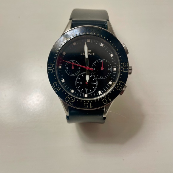 Lacoste Watch Chronograph Black Face/ Black Silicon Band Battery Working Now - Picture 3 of 9